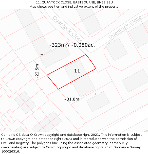 11, QUANTOCK CLOSE, EASTBOURNE, BN23 8EU: Plot and title map