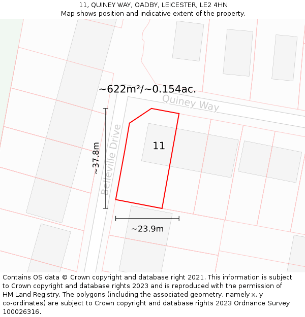 11, QUINEY WAY, OADBY, LEICESTER, LE2 4HN: Plot and title map