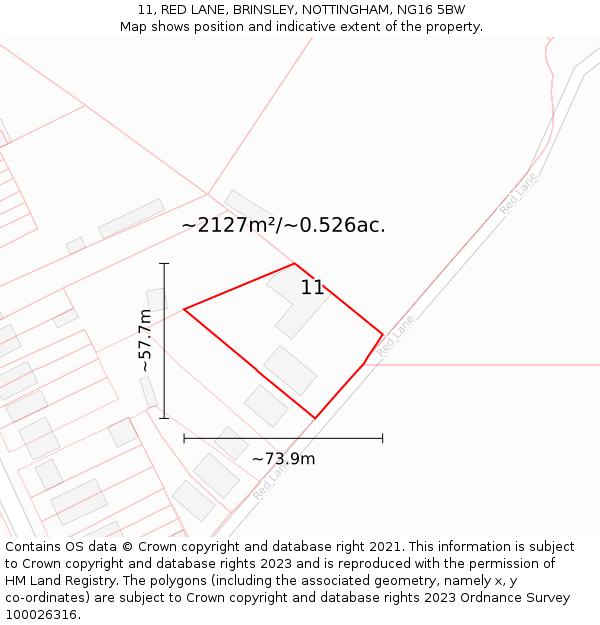 11, RED LANE, BRINSLEY, NOTTINGHAM, NG16 5BW: Plot and title map