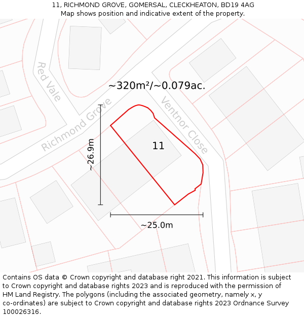 11, RICHMOND GROVE, GOMERSAL, CLECKHEATON, BD19 4AG: Plot and title map