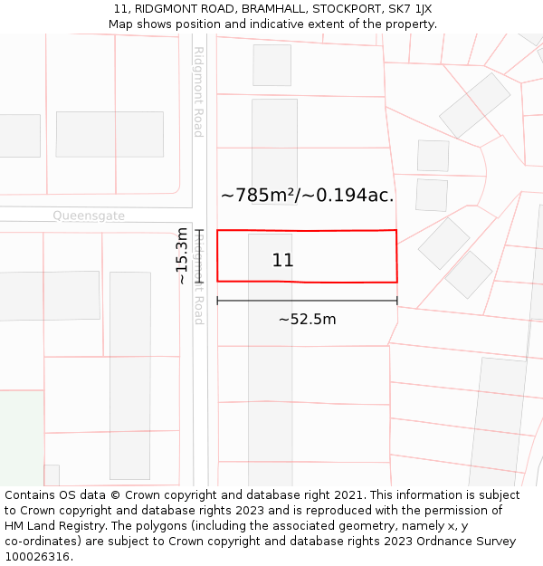 11, RIDGMONT ROAD, BRAMHALL, STOCKPORT, SK7 1JX: Plot and title map