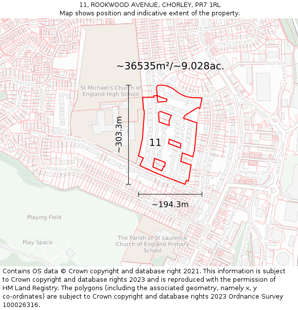 11, ROOKWOOD AVENUE, CHORLEY, PR7 1RL: Plot and title map