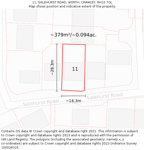 11, SALEHURST ROAD, WORTH, CRAWLEY, RH10 7GL: Plot and title map