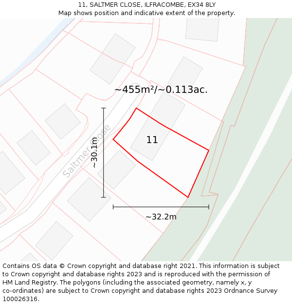 11, SALTMER CLOSE, ILFRACOMBE, EX34 8LY: Plot and title map