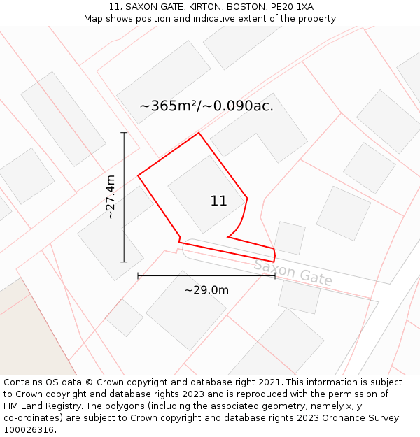 11, SAXON GATE, KIRTON, BOSTON, PE20 1XA: Plot and title map