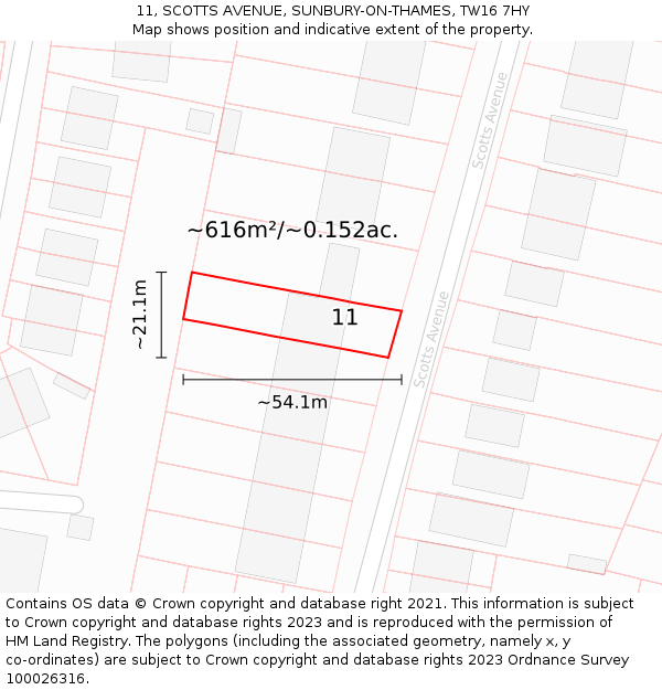 11, SCOTTS AVENUE, SUNBURY-ON-THAMES, TW16 7HY: Plot and title map