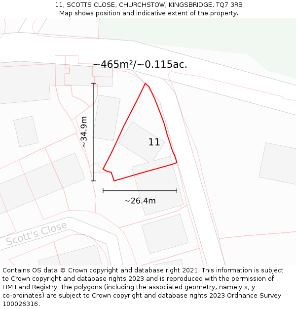 11, SCOTTS CLOSE, CHURCHSTOW, KINGSBRIDGE, TQ7 3RB: Plot and title map