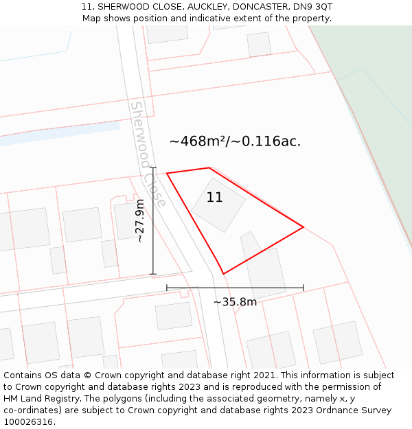 11, SHERWOOD CLOSE, AUCKLEY, DONCASTER, DN9 3QT: Plot and title map