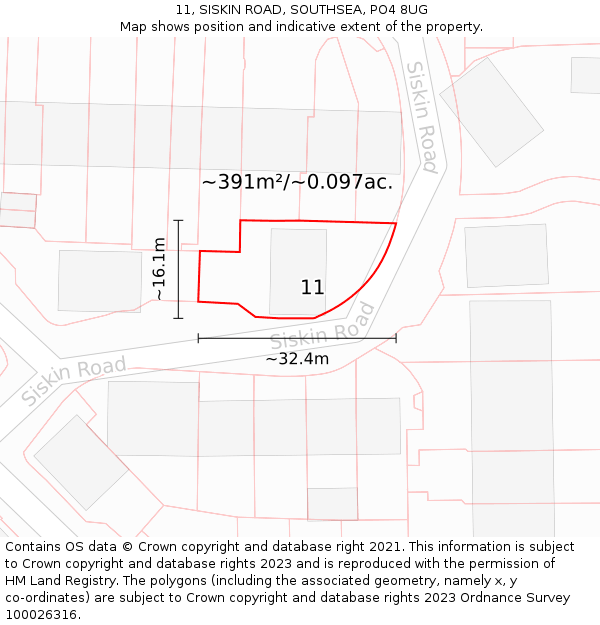 11, SISKIN ROAD, SOUTHSEA, PO4 8UG: Plot and title map