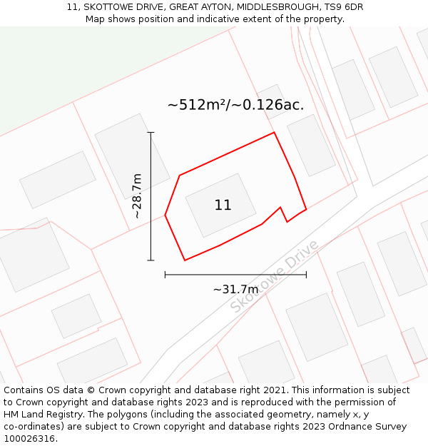 11, SKOTTOWE DRIVE, GREAT AYTON, MIDDLESBROUGH, TS9 6DR: Plot and title map