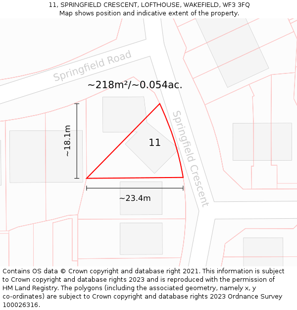 11, SPRINGFIELD CRESCENT, LOFTHOUSE, WAKEFIELD, WF3 3FQ: Plot and title map