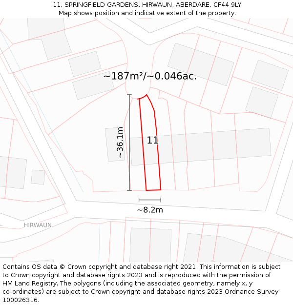 11, SPRINGFIELD GARDENS, HIRWAUN, ABERDARE, CF44 9LY: Plot and title map