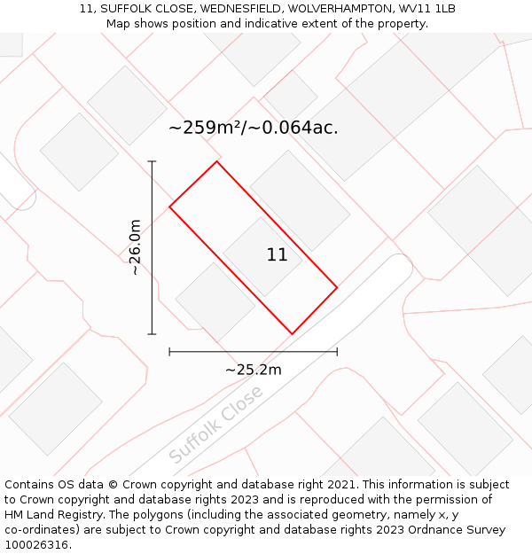 11, SUFFOLK CLOSE, WEDNESFIELD, WOLVERHAMPTON, WV11 1LB: Plot and title map