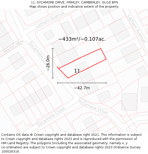 11, SYCAMORE DRIVE, FRIMLEY, CAMBERLEY, GU16 8PN: Plot and title map