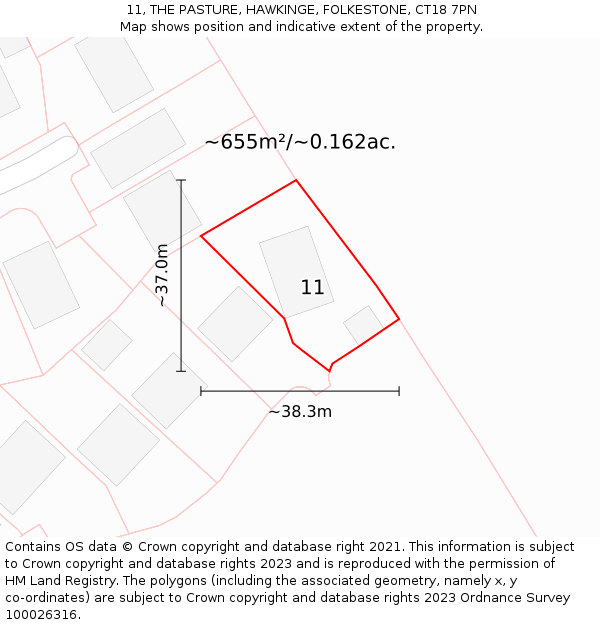 11, THE PASTURE, HAWKINGE, FOLKESTONE, CT18 7PN: Plot and title map