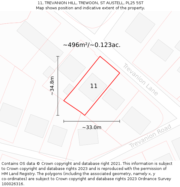 11, TREVANION HILL, TREWOON, ST AUSTELL, PL25 5ST: Plot and title map