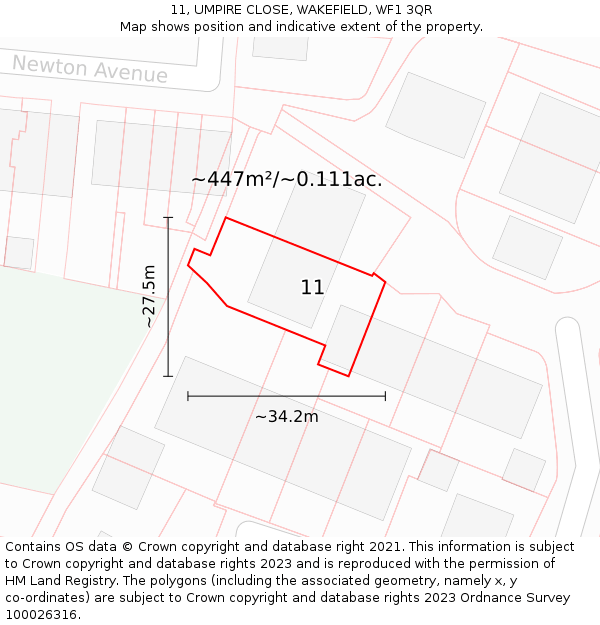 11, UMPIRE CLOSE, WAKEFIELD, WF1 3QR: Plot and title map