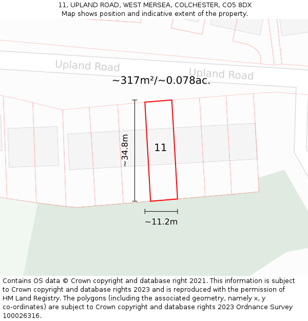 11, UPLAND ROAD, WEST MERSEA, COLCHESTER, CO5 8DX: Plot and title map