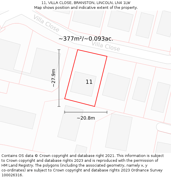 11, VILLA CLOSE, BRANSTON, LINCOLN, LN4 1LW: Plot and title map