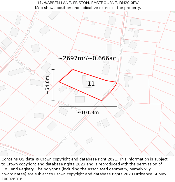 11, WARREN LANE, FRISTON, EASTBOURNE, BN20 0EW: Plot and title map