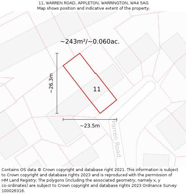 11, WARREN ROAD, APPLETON, WARRINGTON, WA4 5AG: Plot and title map