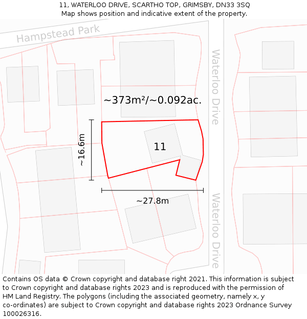 11, WATERLOO DRIVE, SCARTHO TOP, GRIMSBY, DN33 3SQ: Plot and title map