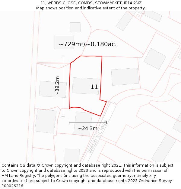 11, WEBBS CLOSE, COMBS, STOWMARKET, IP14 2NZ: Plot and title map