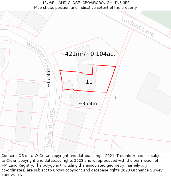 11, WELLAND CLOSE, CROWBOROUGH, TN6 3BF: Plot and title map