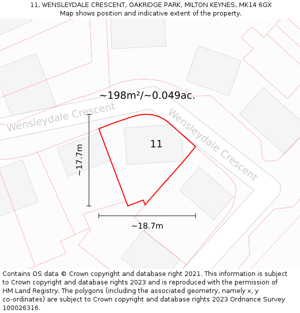 11, WENSLEYDALE CRESCENT, OAKRIDGE PARK, MILTON KEYNES, MK14 6GX: Plot and title map