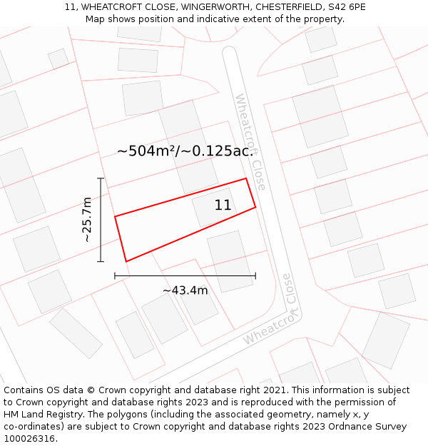 11, WHEATCROFT CLOSE, WINGERWORTH, CHESTERFIELD, S42 6PE: Plot and title map