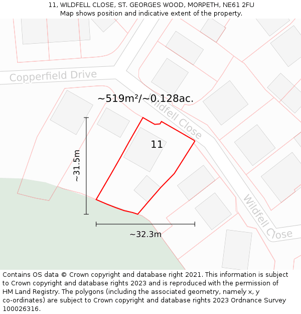 11, WILDFELL CLOSE, ST. GEORGES WOOD, MORPETH, NE61 2FU: Plot and title map