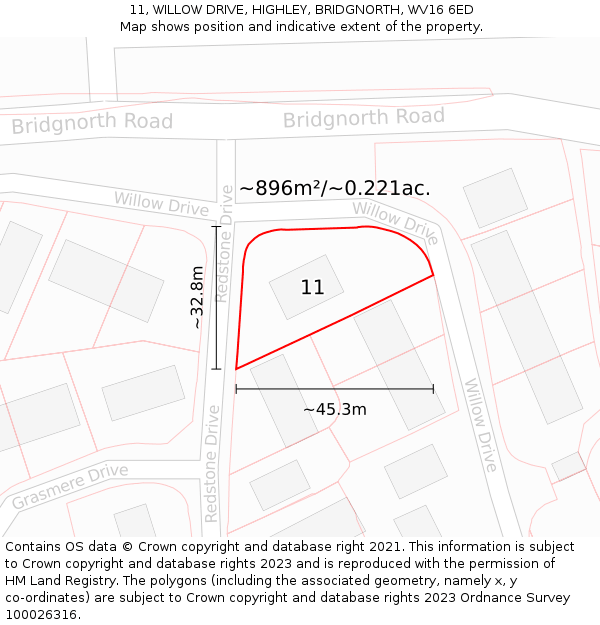 11, WILLOW DRIVE, HIGHLEY, BRIDGNORTH, WV16 6ED: Plot and title map