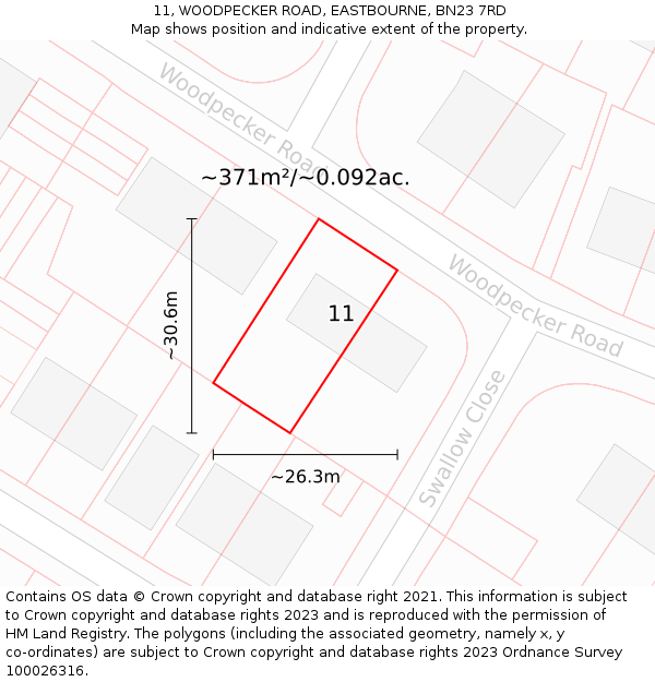 11, WOODPECKER ROAD, EASTBOURNE, BN23 7RD: Plot and title map