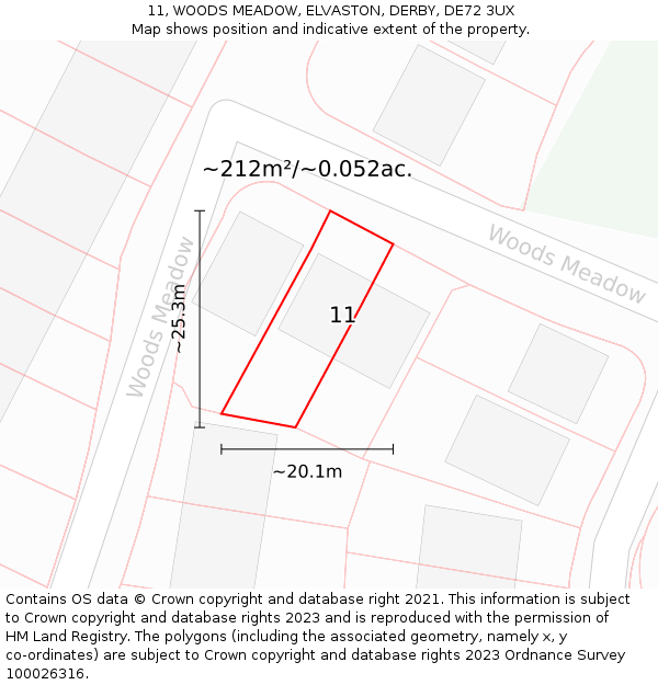 11, WOODS MEADOW, ELVASTON, DERBY, DE72 3UX: Plot and title map