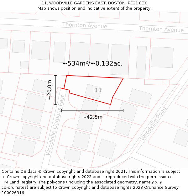 11, WOODVILLE GARDENS EAST, BOSTON, PE21 8BX: Plot and title map