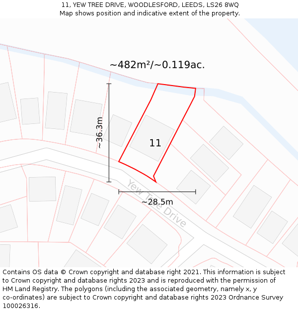 11, YEW TREE DRIVE, WOODLESFORD, LEEDS, LS26 8WQ: Plot and title map