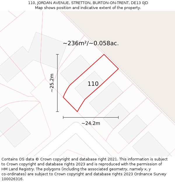 110, JORDAN AVENUE, STRETTON, BURTON-ON-TRENT, DE13 0JD: Plot and title map