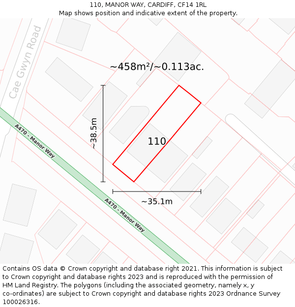 110, MANOR WAY, CARDIFF, CF14 1RL: Plot and title map