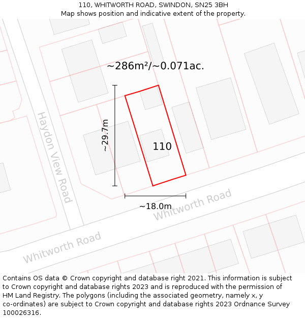 110, WHITWORTH ROAD, SWINDON, SN25 3BH: Plot and title map