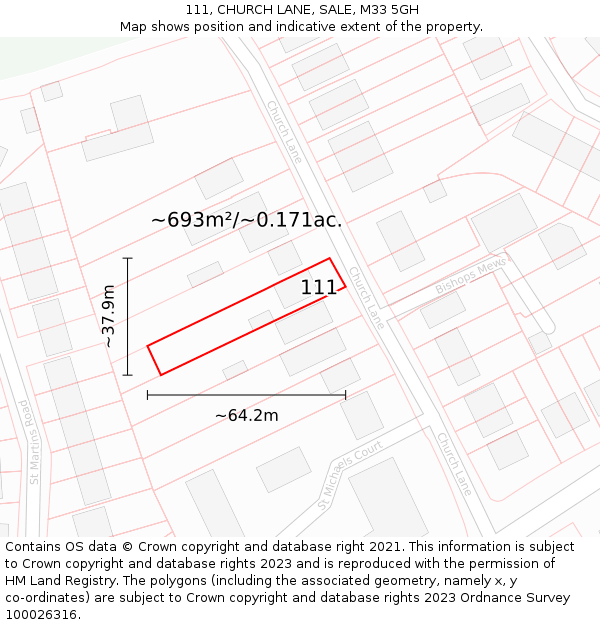 111, CHURCH LANE, SALE, M33 5GH: Plot and title map