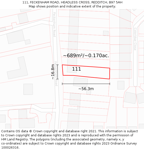 111, FECKENHAM ROAD, HEADLESS CROSS, REDDITCH, B97 5AH: Plot and title map