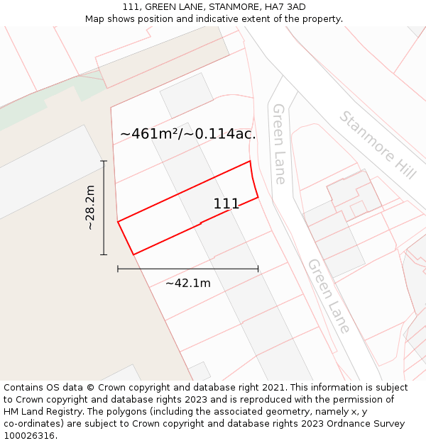 111, GREEN LANE, STANMORE, HA7 3AD: Plot and title map