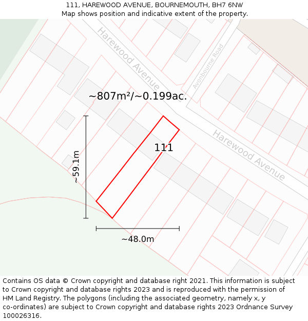 111, HAREWOOD AVENUE, BOURNEMOUTH, BH7 6NW: Plot and title map