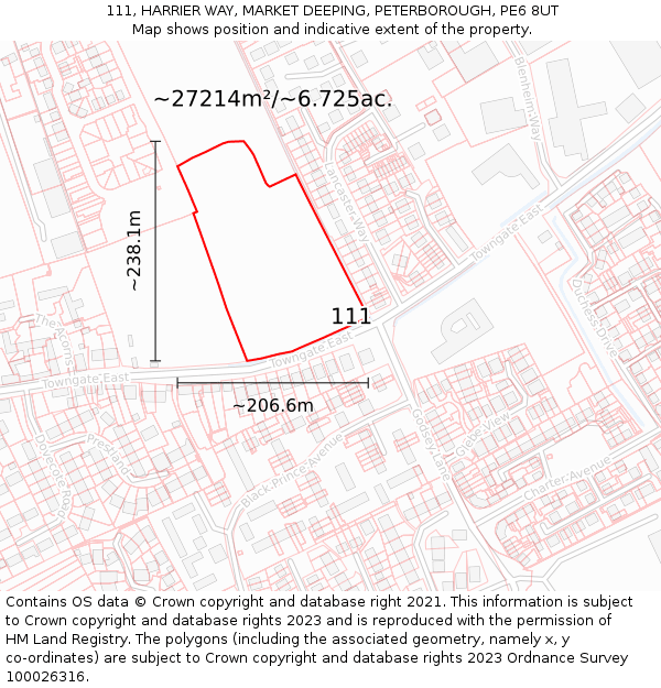 111, HARRIER WAY, MARKET DEEPING, PETERBOROUGH, PE6 8UT: Plot and title map