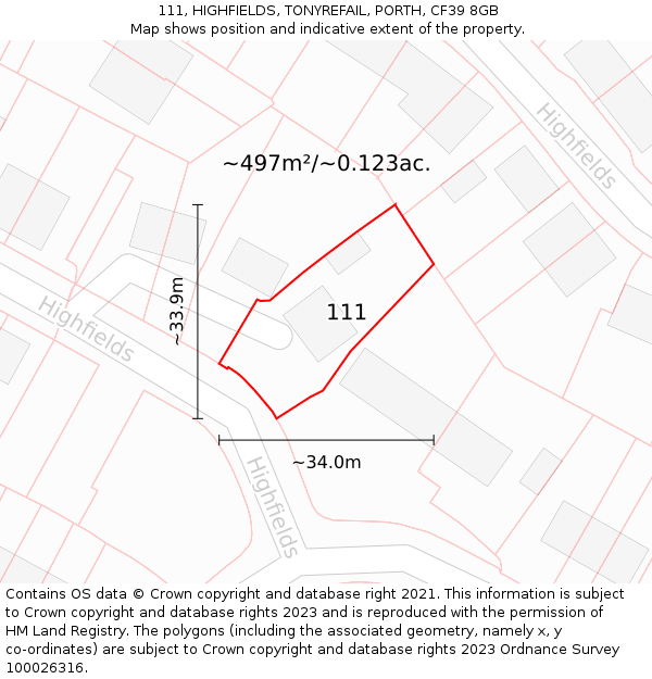 111, HIGHFIELDS, TONYREFAIL, PORTH, CF39 8GB: Plot and title map