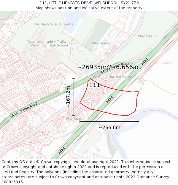 111, LITTLE HENFAES DRIVE, WELSHPOOL, SY21 7BA: Plot and title map