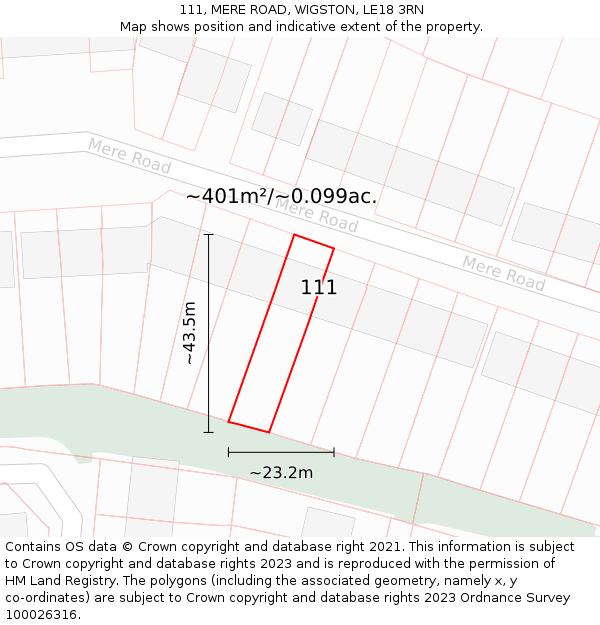 111, MERE ROAD, WIGSTON, LE18 3RN: Plot and title map