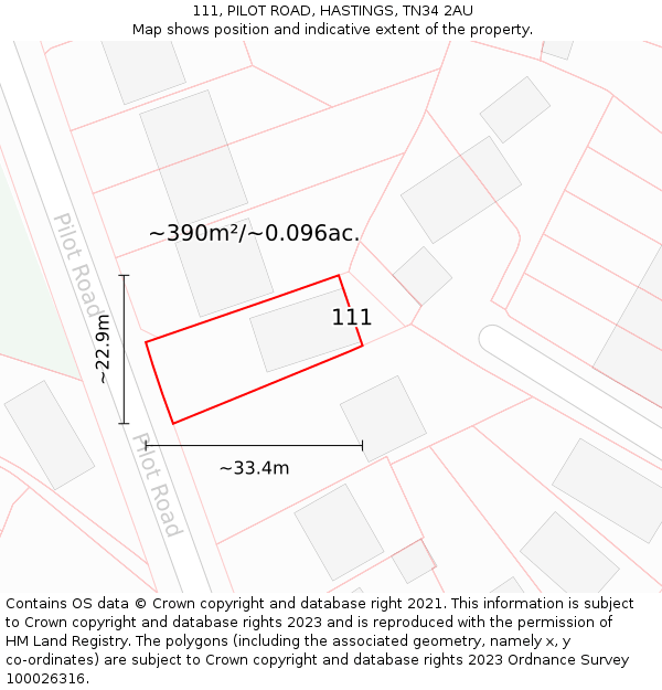 111, PILOT ROAD, HASTINGS, TN34 2AU: Plot and title map