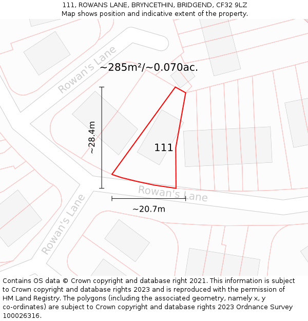 111, ROWANS LANE, BRYNCETHIN, BRIDGEND, CF32 9LZ: Plot and title map