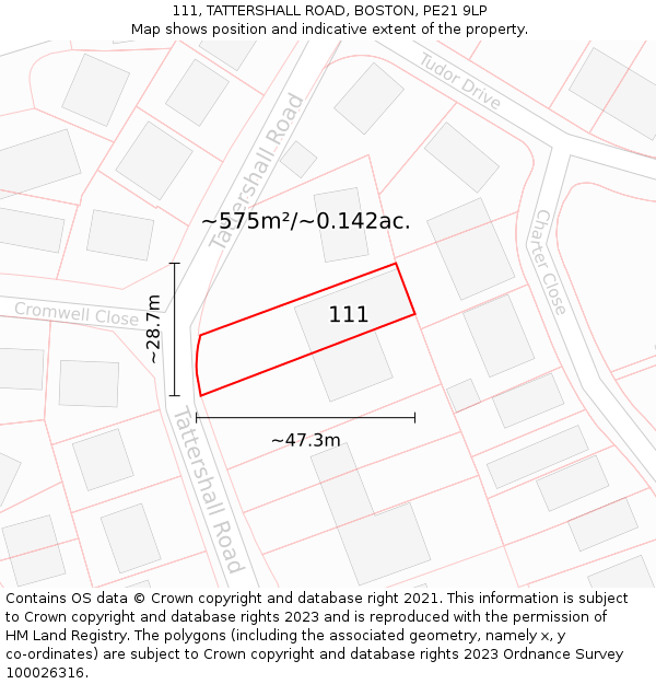 111, TATTERSHALL ROAD, BOSTON, PE21 9LP: Plot and title map